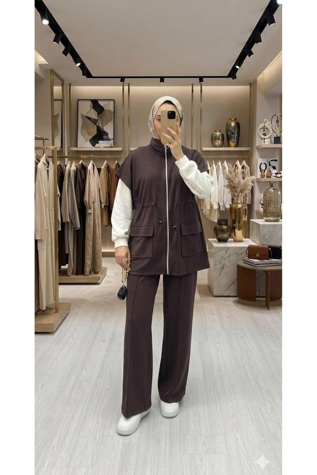 Women's Sporty Stylish Hijab Combination Zippered Vest Pants Set - New Season