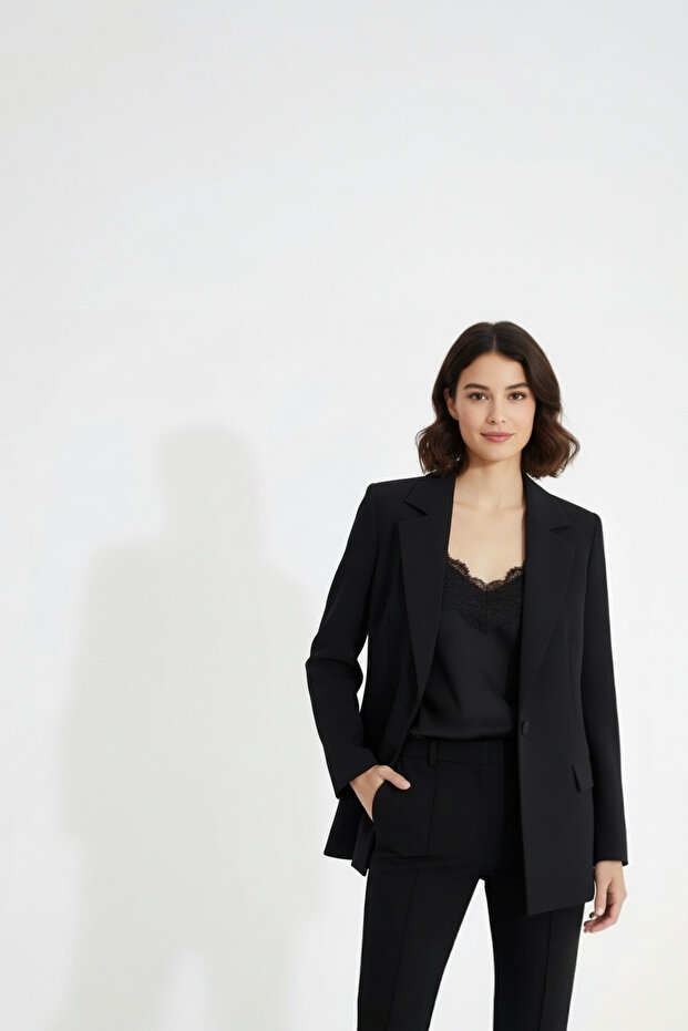 Black Blazer Jacket with One Button - 2
