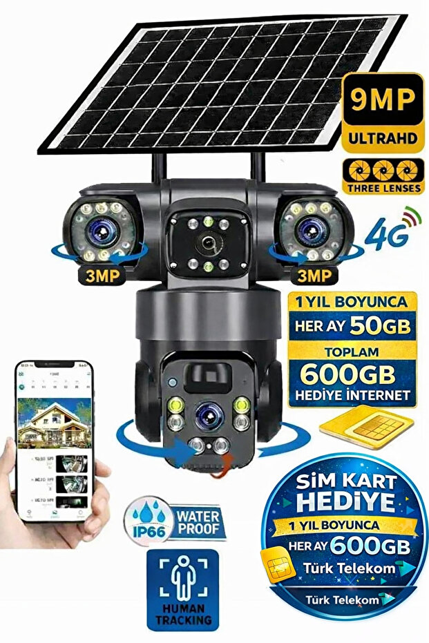 TRCharger Güneş enerjisi 9mp (3+3+3) Üç Kameralı Ultrahd 4g Güneş Enerjili Akıllı Güvenlik Kamerası