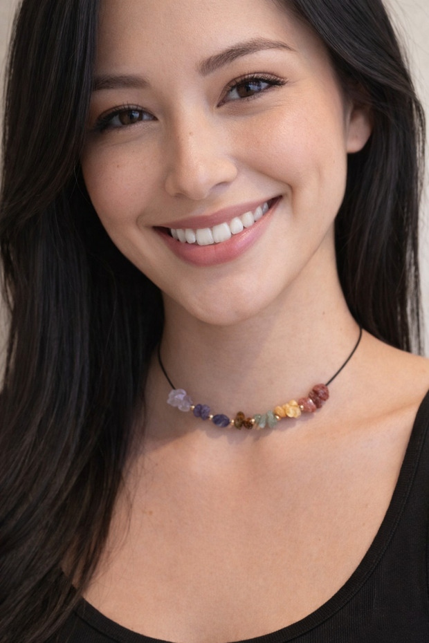 7 Chakra Necklace with Natural Stones – Agate, Citrine, K. Quartz, Lapis, Aventurine, Tiger's Eye, Amethyst