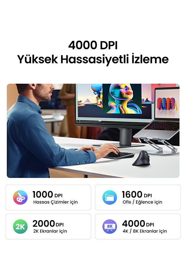 4000 DPI 6 Tuşlu Ergonomik Kablosuz Dikey Mouse, Siyah, 25444 - 7