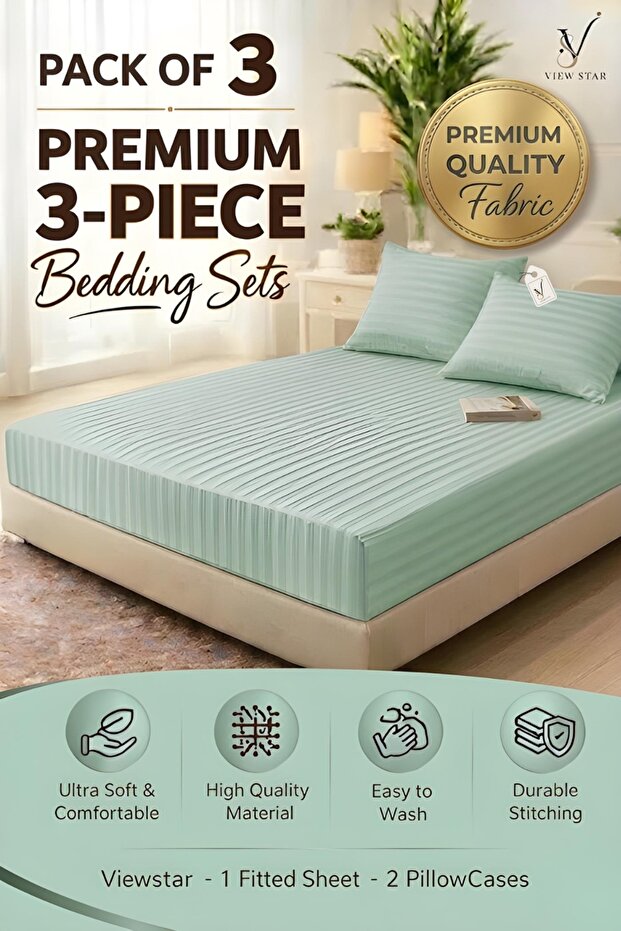 3-Piece Striped Fitted Pastel Green Bed Sheet Set with 2 Pillowcases, Soft Breathable Bedding