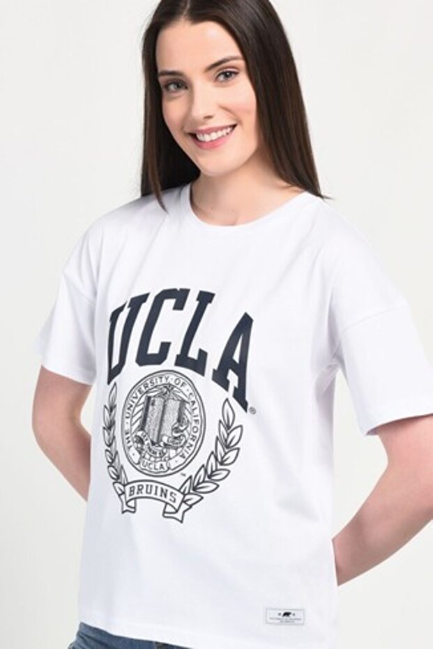 Avalon White Crew Neck Printed 100% Cotton Loose Fit Women's Tshirt