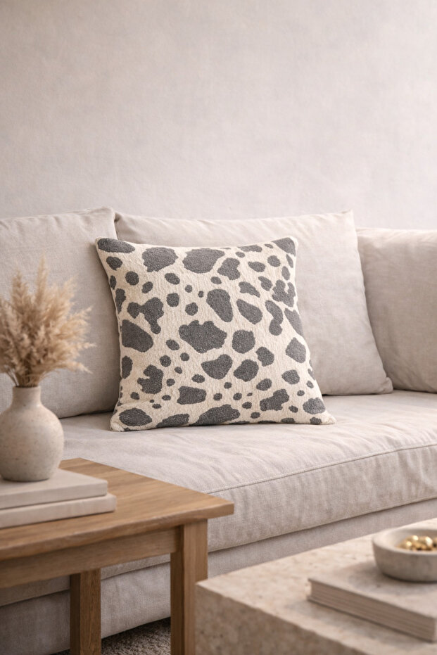 Savanna Giraffe Patterned Bukle Woven Gray Cushion Cover (43X43 cm) - Animal Print Modern