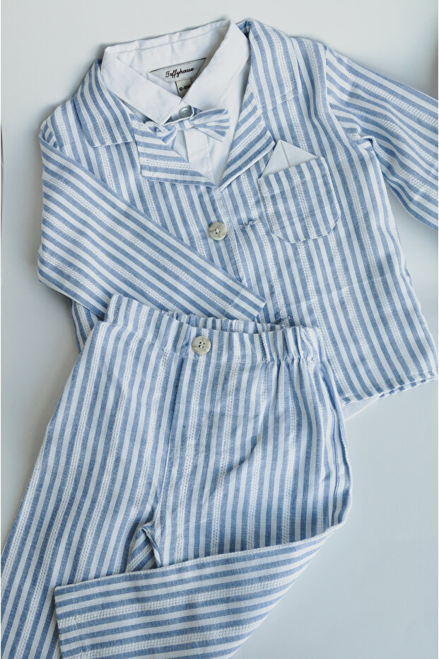 Baby Boys Blue Striped Formal Suit Set with Bow Tie