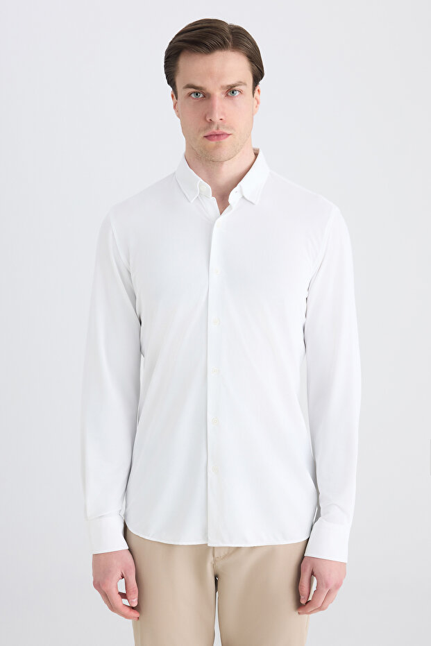 Slim Fit Beyaz Örme Gömlek - 1