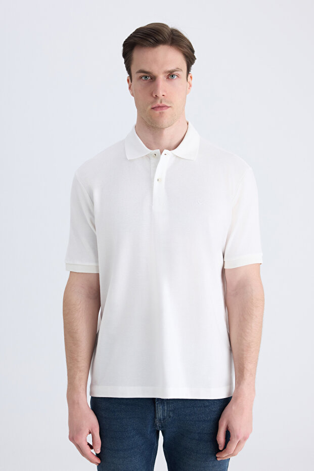Ds Damat Regular Fit White Pique Textured 100% Cotton T-Shirt