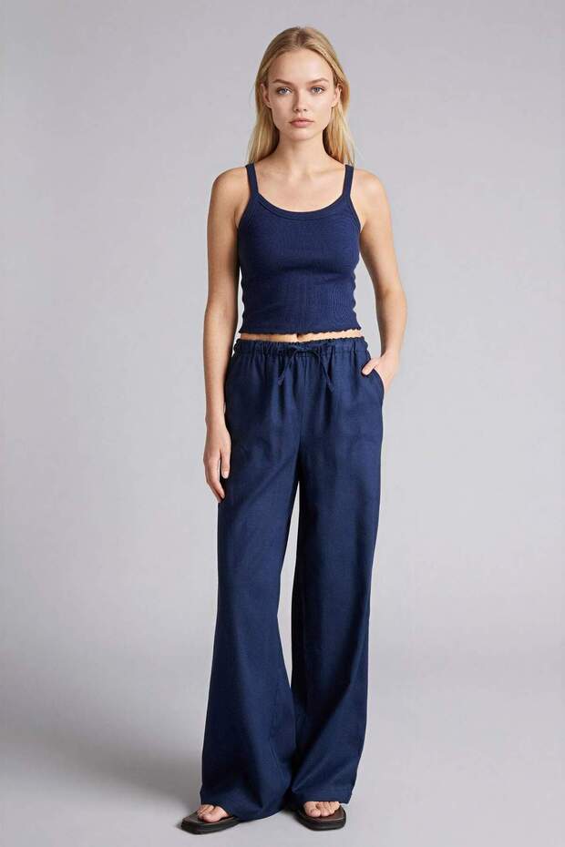 Wide Leg Linen Blend Trousers E1981Ax25Sm