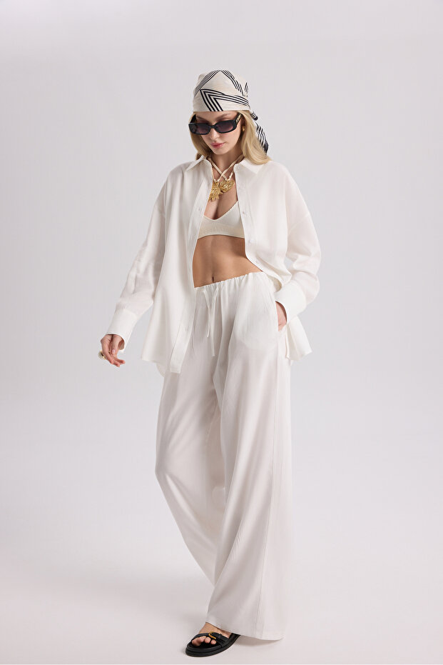 Nunzia Back Detailed Ecru Oversize Shirt Trousers Set