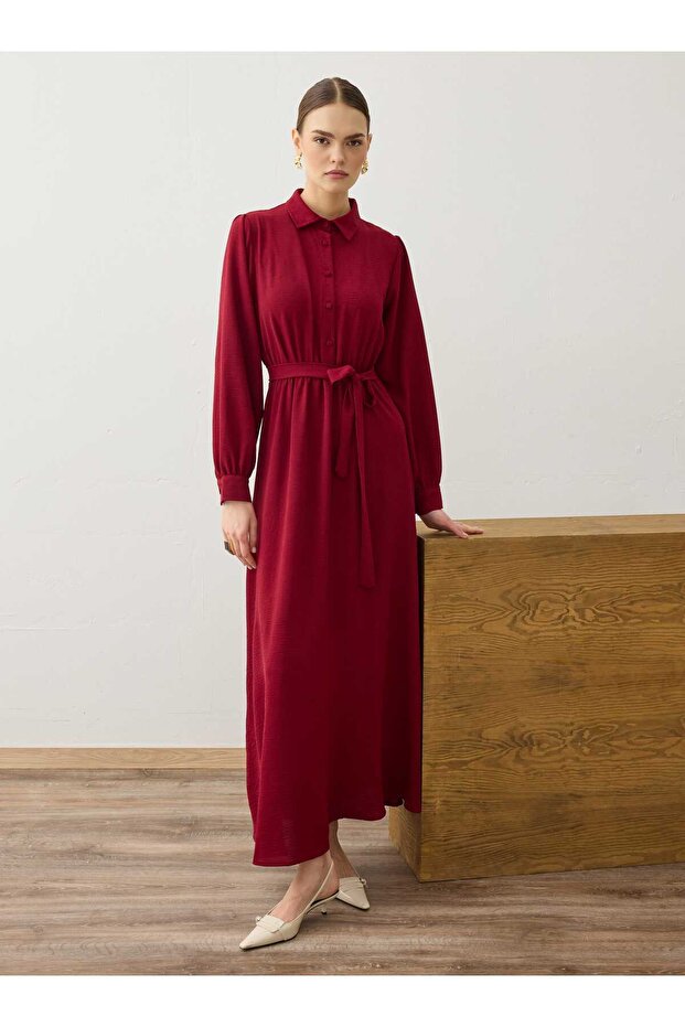 Gathered Waist Classic Buttoned Hijab Dress - Burgundy -