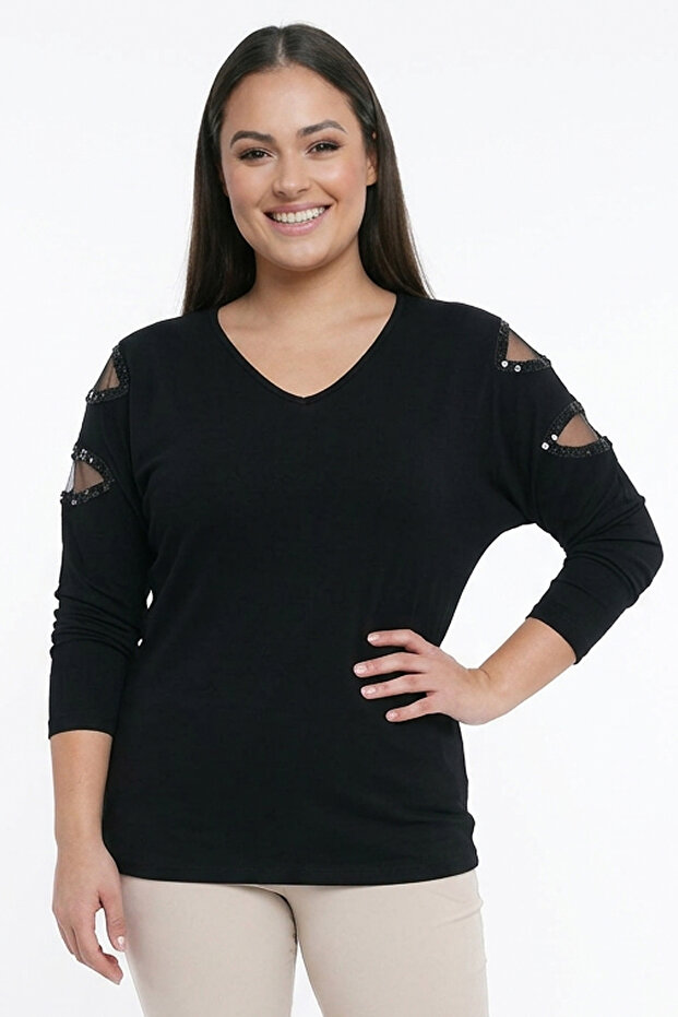 Women's V-Neck Shoulder Laser Sequin Detailed Large Size Stretch Fabric Blouse