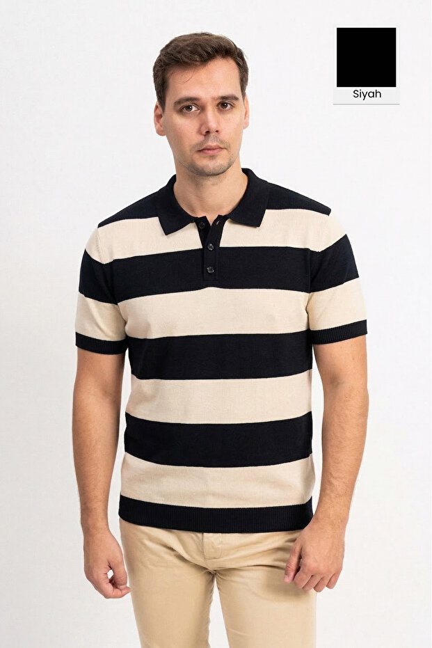 Short Sleeve Polo Collar Men's Knitwear T-Shirt - Black