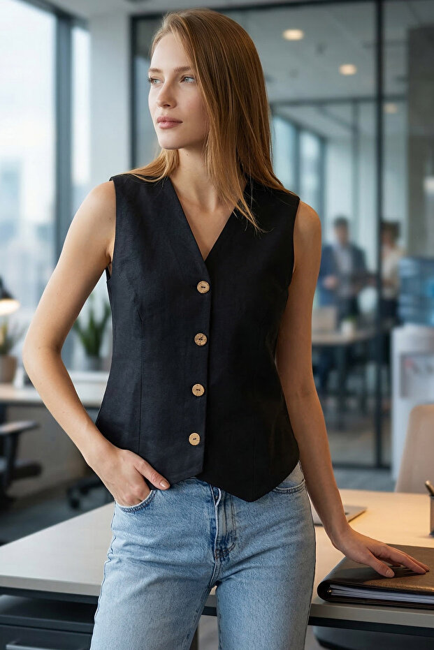 Women's Black V-Neck Fitted Linen Look Lined Vest Arm-24Y 001111