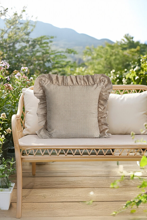 Melma 100% Cotton Brown Poti Checked Ruffled Decorative Cushion Cover 45X45 Garden Decoration