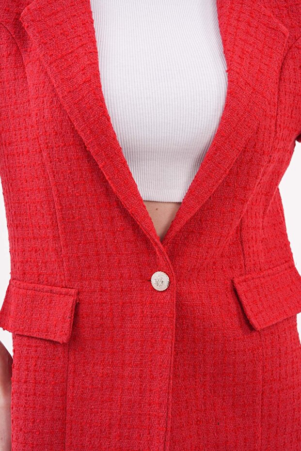 Red Single Button Lined Tweed Jacket - 5