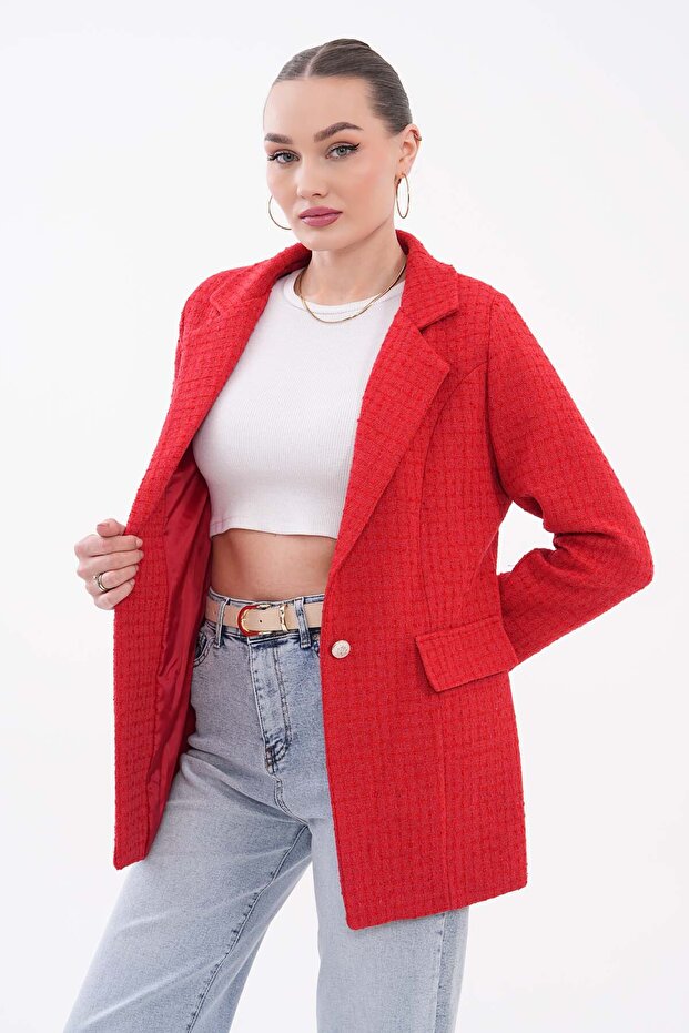 Red Single Button Lined Tweed Jacket - 1