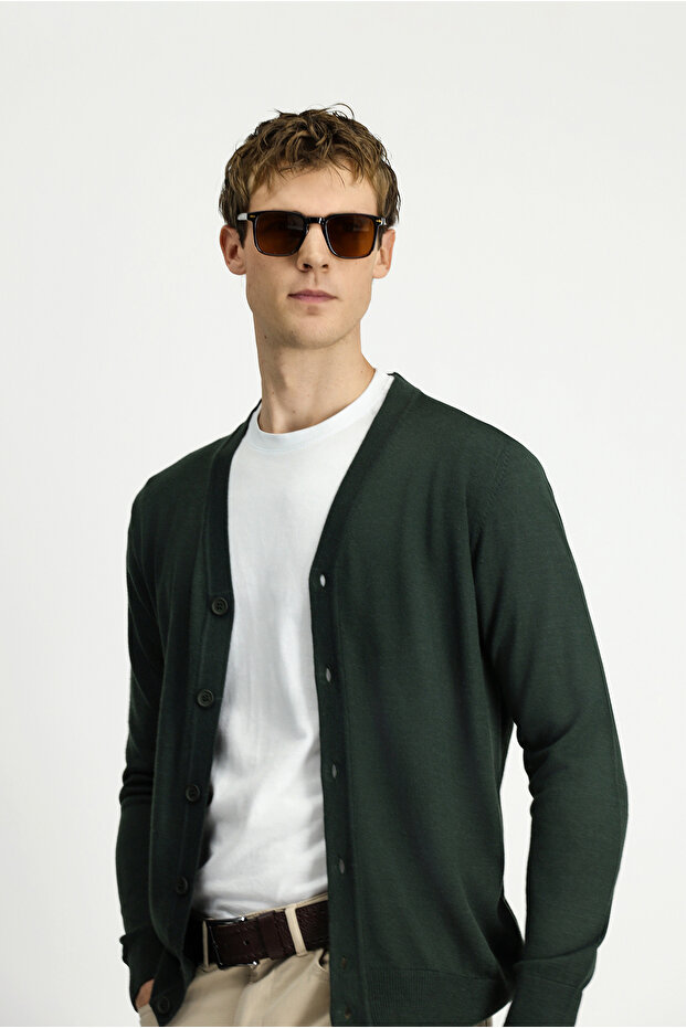 V Yaka Düğmeli Yünlü Örme Triko Hırka - 3