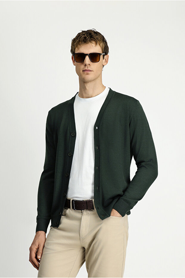 V Yaka Düğmeli Yünlü Örme Triko Hırka - 1