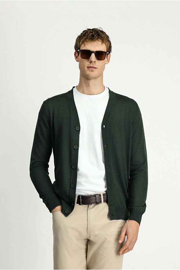 V Yaka Düğmeli Yünlü Örme Triko Hırka - 5