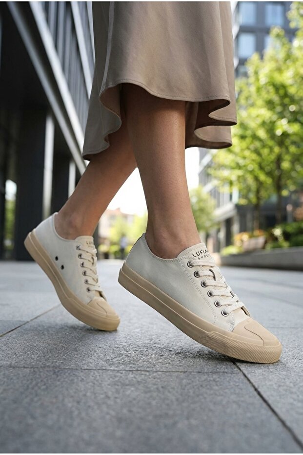 Lıana Unisex Sneakers Daily Comfortable Combination Sports Shoes Off-White Cream Beige