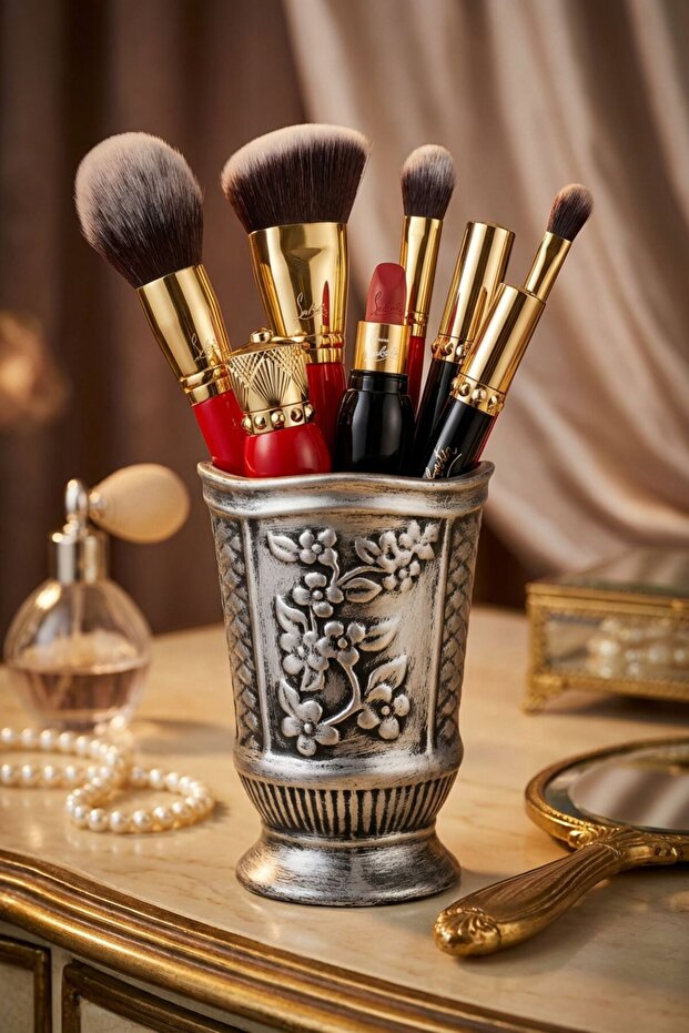 Makeup Organizer, Makeup Brush Holder, Makeup Organizer Set, Antique Silver Finish, Model 9