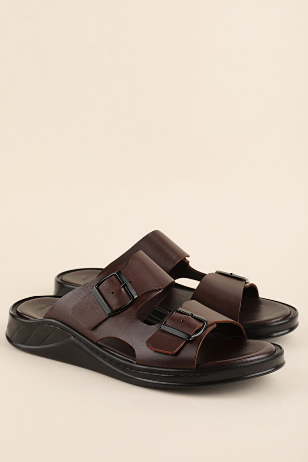 Men's Genuine Leather Daily Comfortable Sole Slipper Hkm.186 Brown