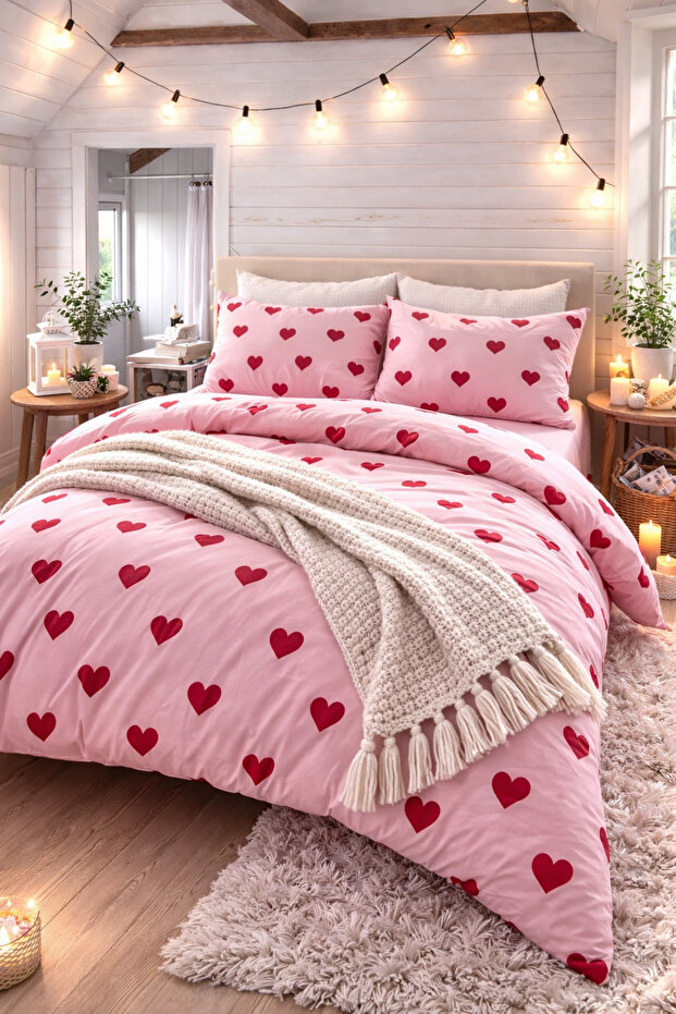 Vanilla Heart Pink Double Duvet Cover Set