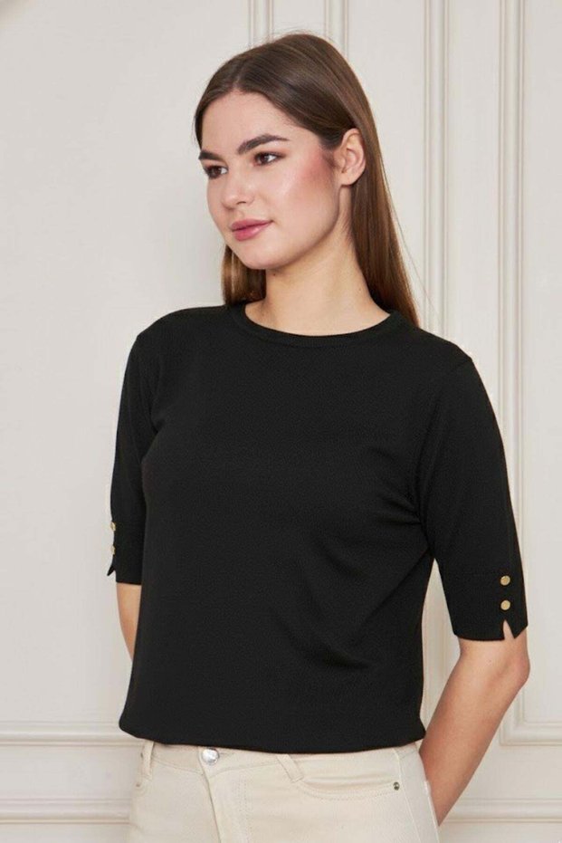 Women's Crew Neck Snap Fastener Short Sleeve Knitwear Blouse 1070 Black
