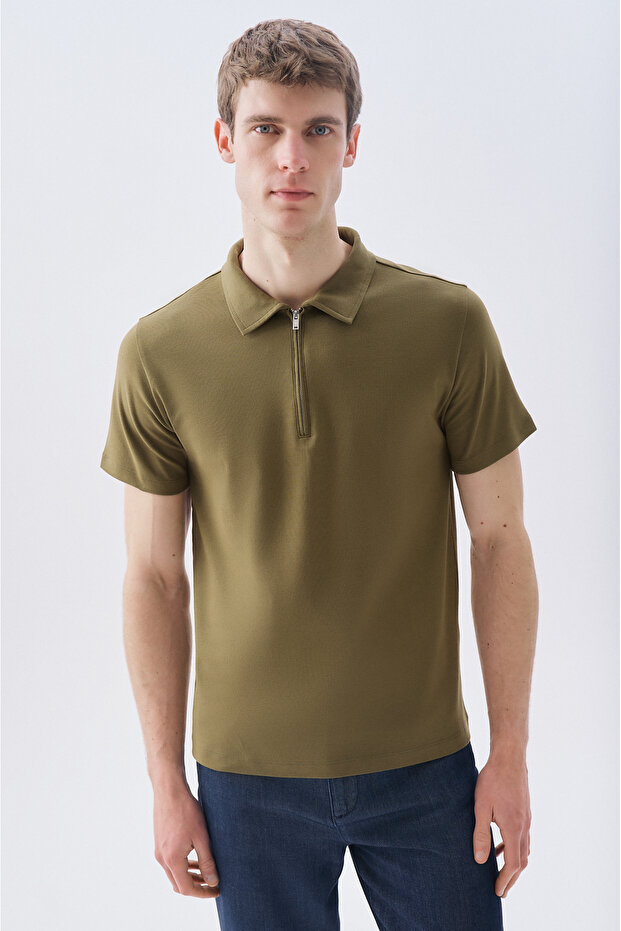 Men's Navy Blue Zippered Polo Neck T-Shirt