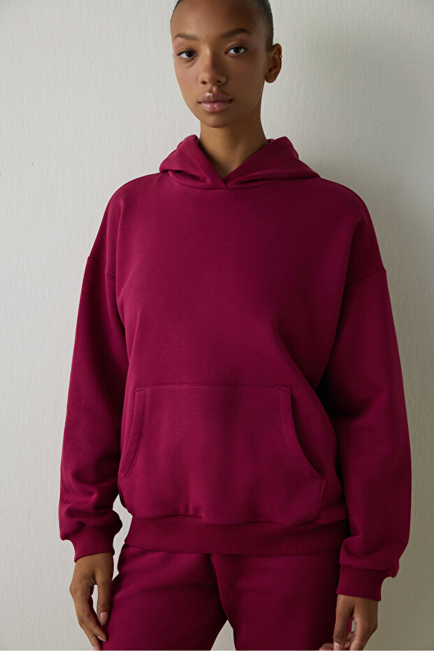 Mor Kapüşonlu Oversize Sweatshirt - 2