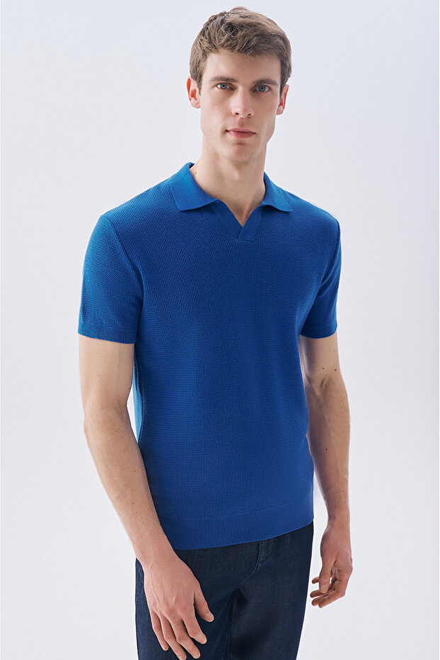 Men's Cobalt blue Textured Polo Collar Short Sleeve Knit Sweater