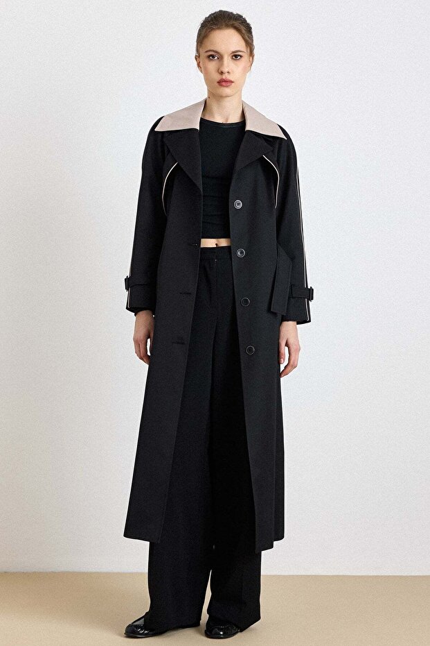 Removable Garni Collar, Cape Detail, Water-Repellent Features, Long Trench Coat Black 6825