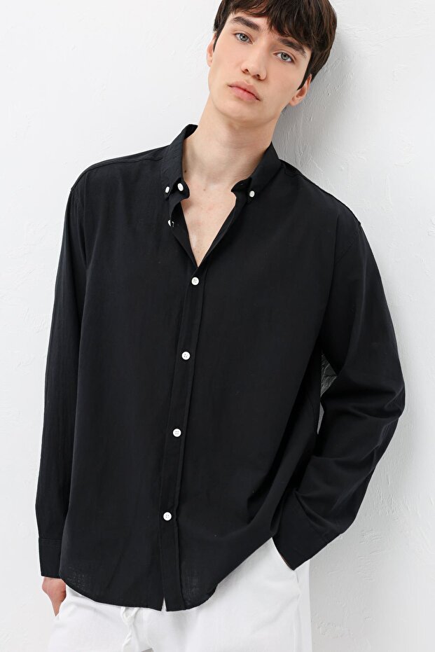 Basic Oversize Cotton Linen Shirt Black - 7