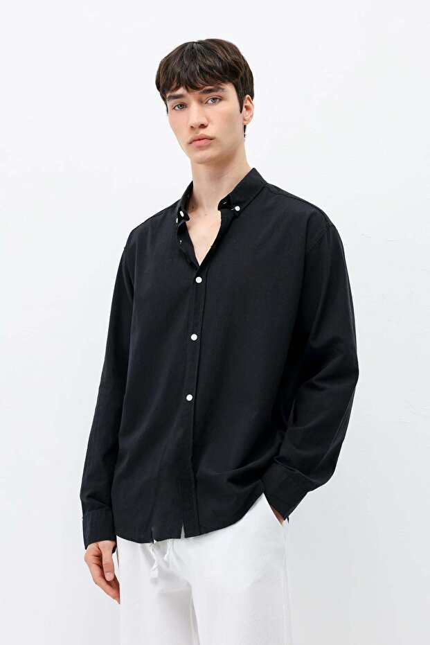 Basic Oversize Cotton Linen Shirt Black - 3