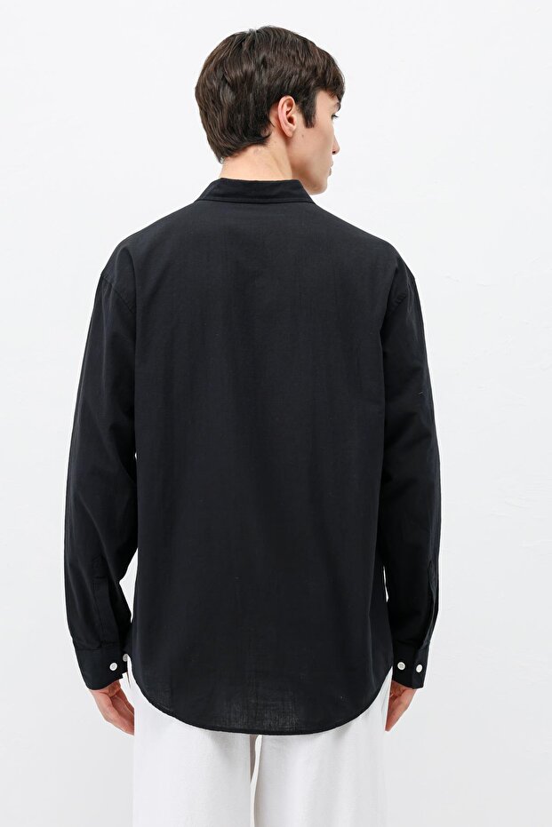 Basic Oversize Cotton Linen Shirt Black - 5