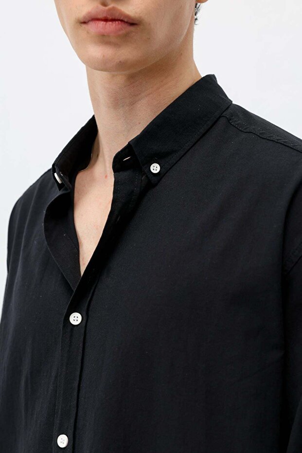 Basic Oversize Cotton Linen Shirt Black - 4