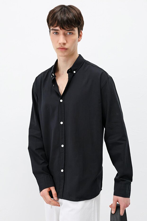Basic Oversize Cotton Linen Shirt Black - 8