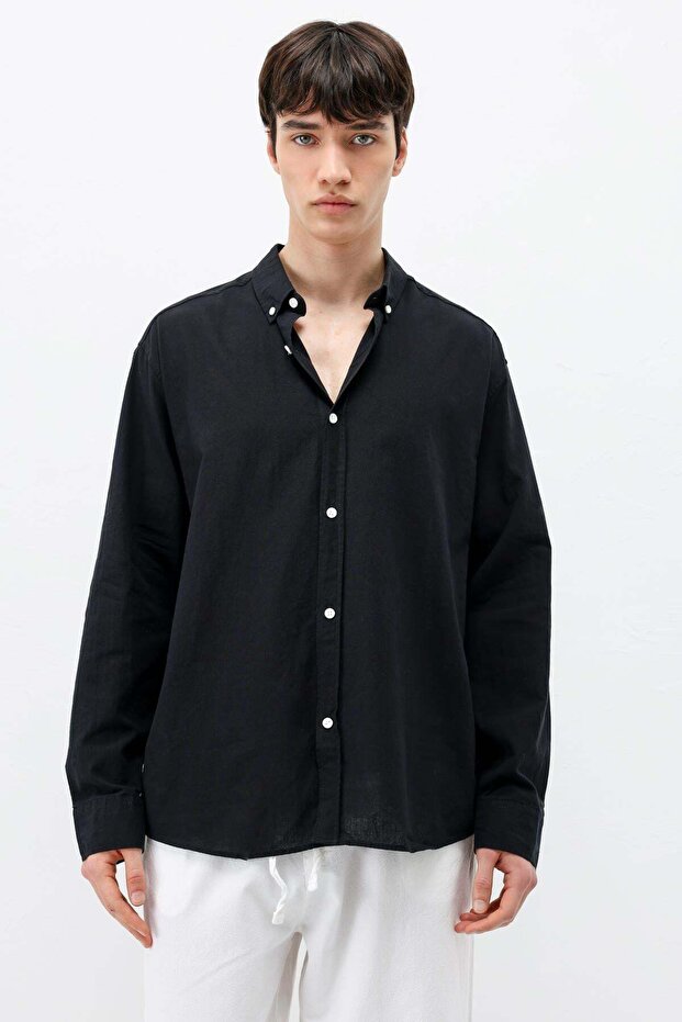 Basic Oversize Cotton Linen Shirt Black - 1