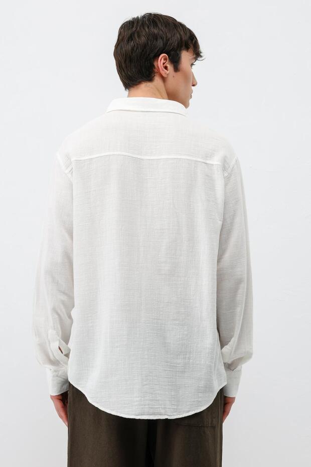Cămașă Basic din in, oversize, Ecru - 8