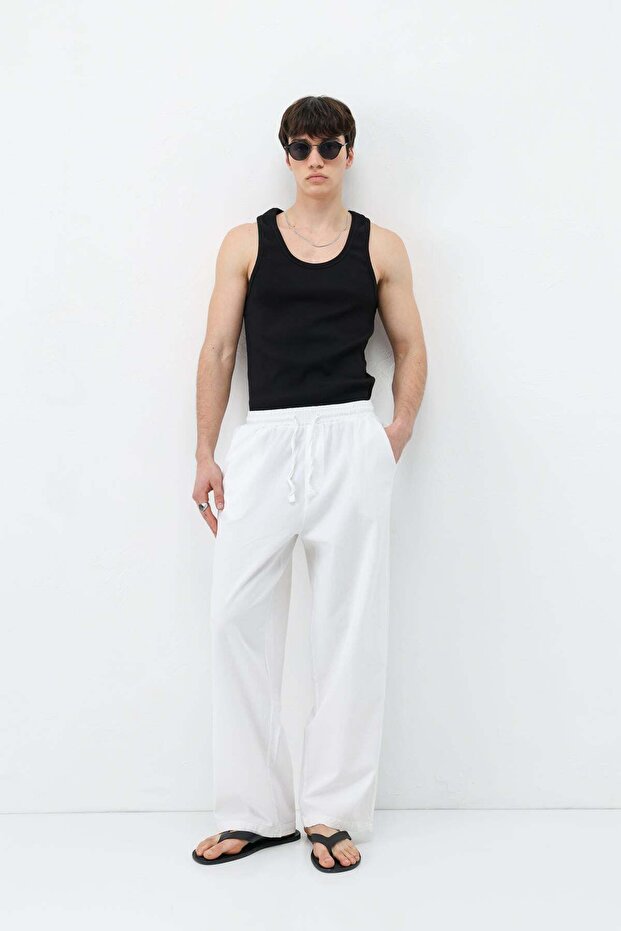 Elastic Waist Baggy Fit Linen Trousers White