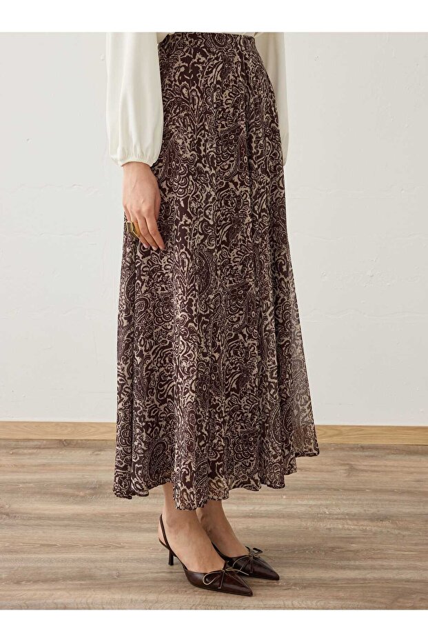 Shawl Patterned Chiffon Skirt - Brown Patterned - - 4