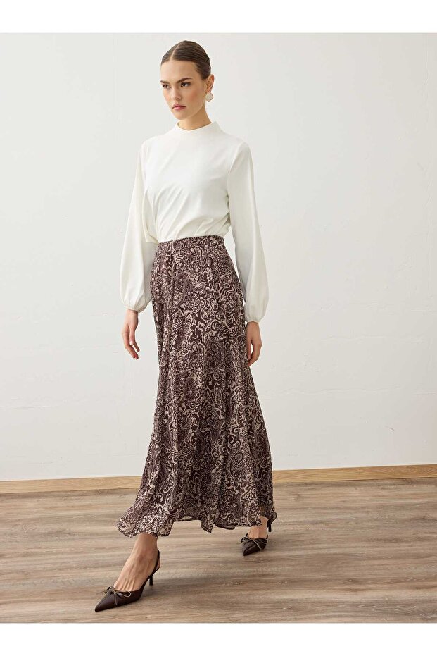 Shawl Patterned Chiffon Skirt - Brown Patterned - - 2