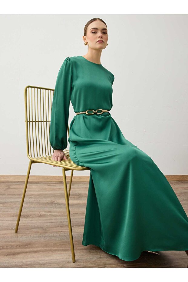Crew Neck Balloon Sleeve Satin Hijab Dress - Dark Green -
