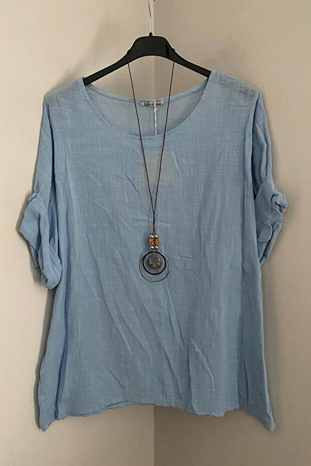 Women's Italian Light Blue Necklace Accessorized Oversize Loose Blouse
