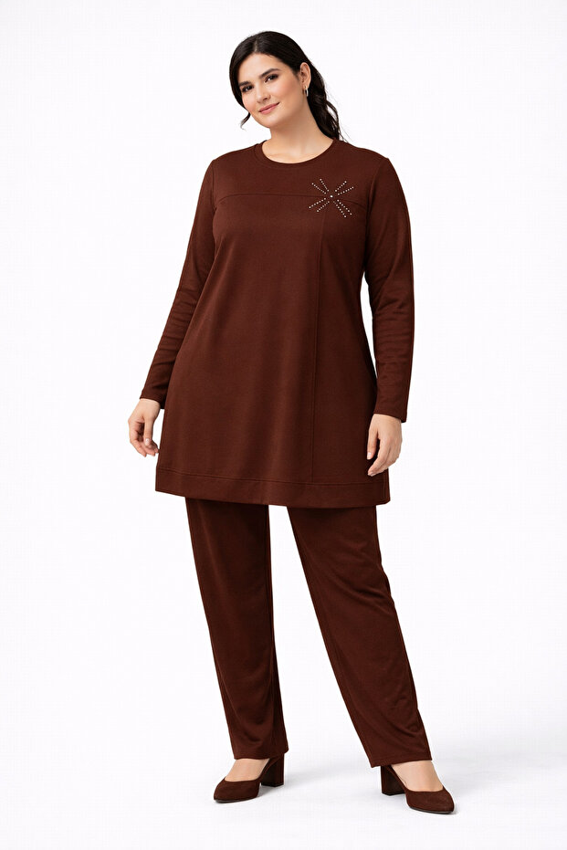 Women's mid-life regular fit two-thread combed cotton tunic and pants two-piece set 4389