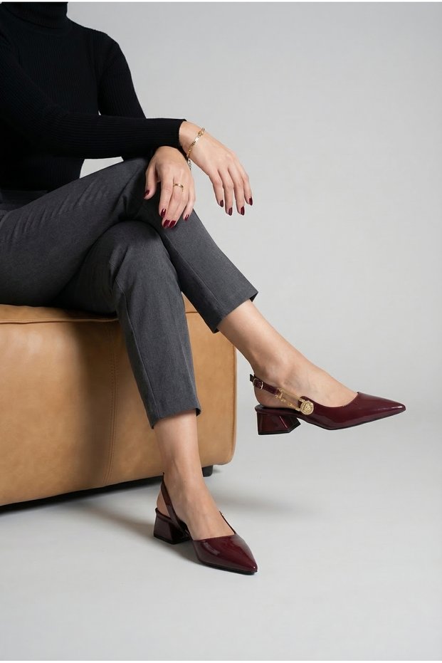 Clair D’Héritage Burgundy Pointed Toe Summer 4cm Heel Buckle Detail Women's Slingback Heeled Shoes