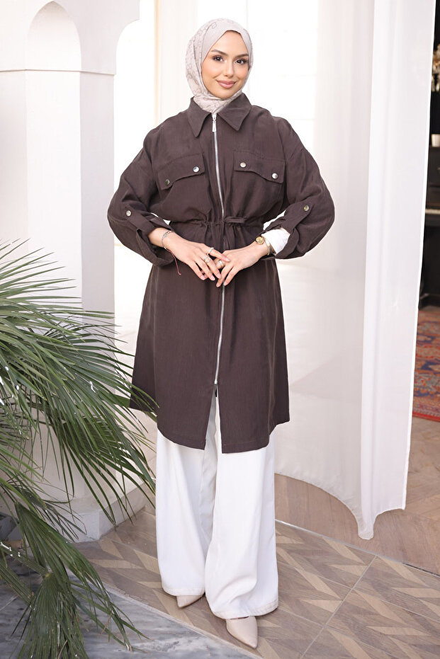 Brown Waist Belted Double Pocket Gabria Cap