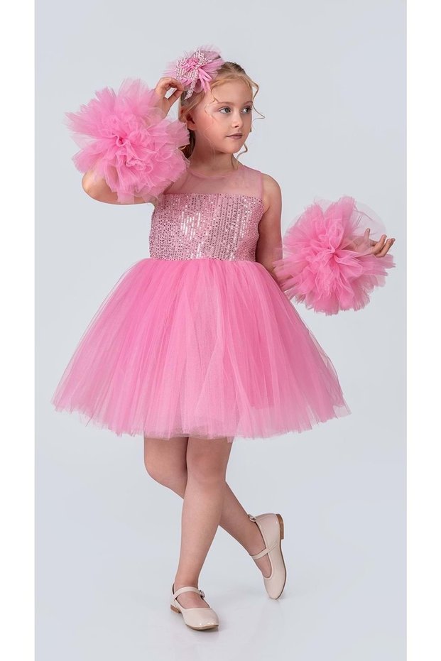 Chiffon Robe Pompom Sleeve Sequined Girls' Fluffy Skirt Tutu Evening Dress Candy Pink