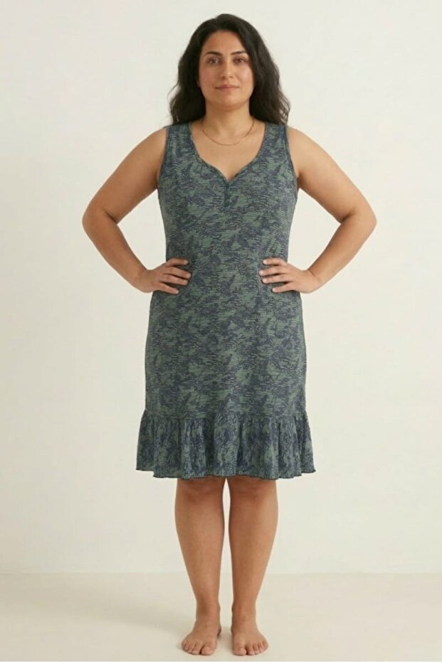 Comfortable Fit 100% Cotton Yarn V-Neck Striped Leaf Patterned Zero Sleeve Ruffled Summer Casual Women's Dress