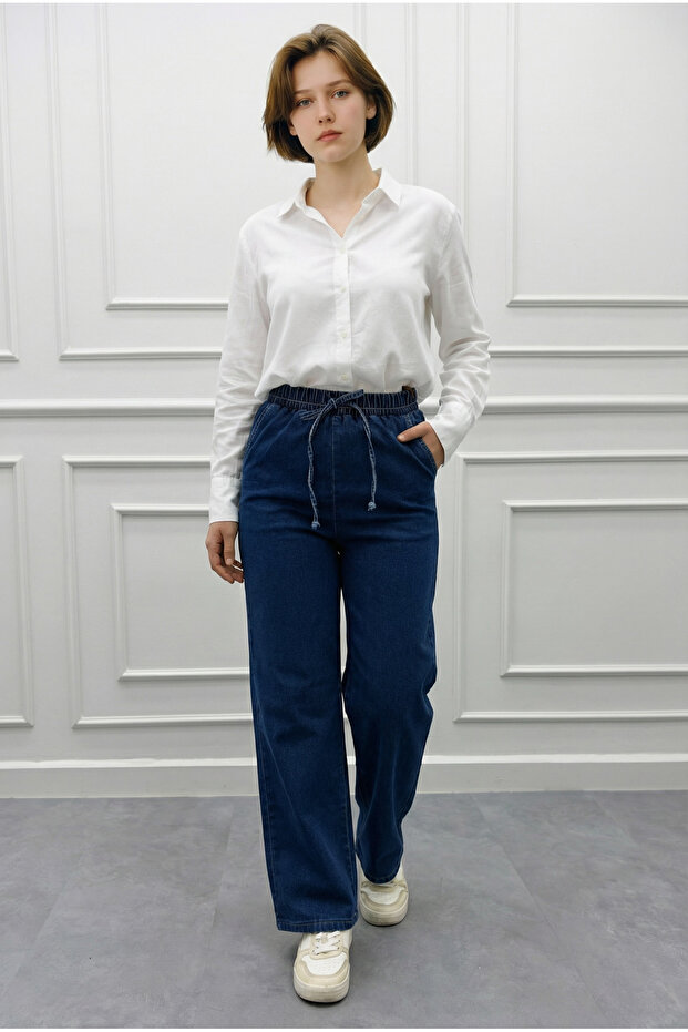 Women's Jeans with Elastic Waist Denim Trousers-Navy Blue